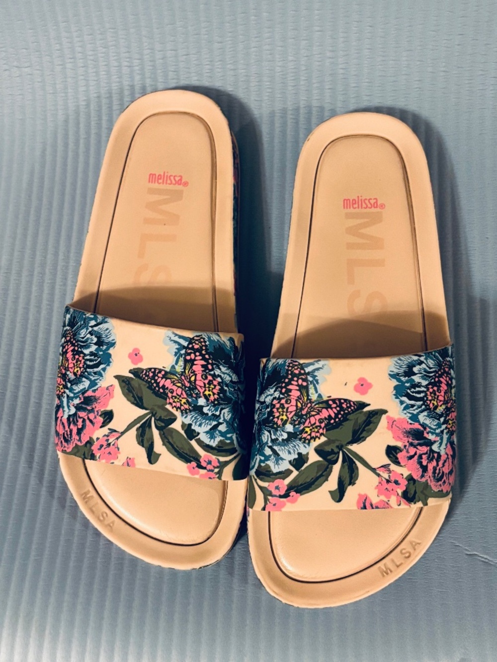 Mel by Melissa Blush/Blue Floral Slides Sandals Sz 9